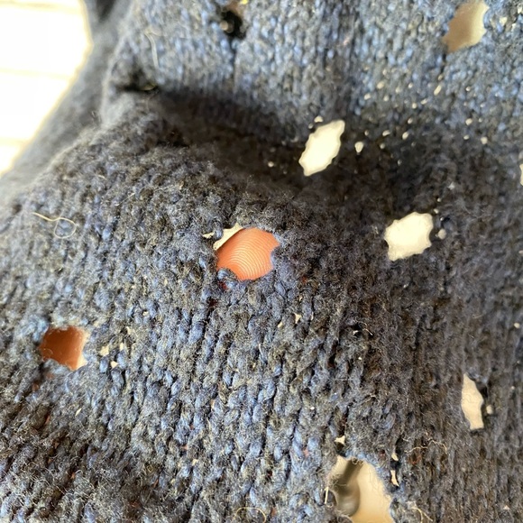 Maurice’s Womens Navy Blue Crochet Sweater Open Polka Dot Knot High Low Medium - Picture 7 of 12